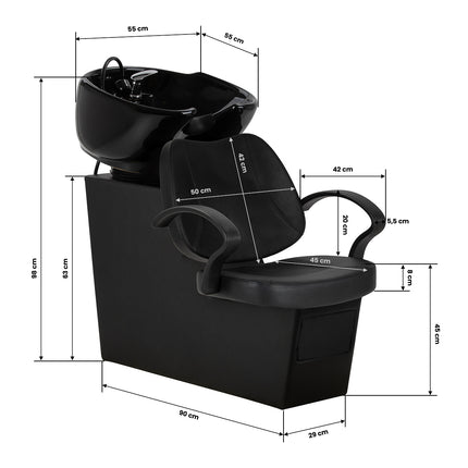 Professionele zwarte kapperswasunit Hair System Borneo met verstelbare keramische wasbak