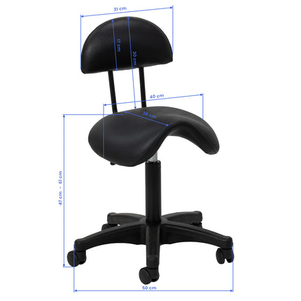 Ergonomische Cosmetische Kruk 6001 Zwart met Rugleuning, Zadelzitting en Zwarte Voet