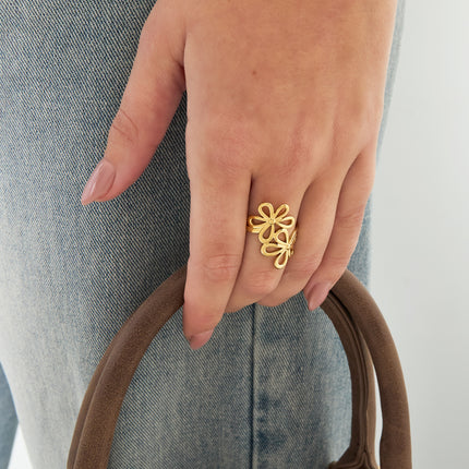 Roestvrijstalen statementringen, bloemen, casual, dagelijks, eenvoudig, serie, damessieraden