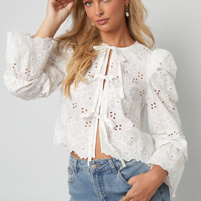 Cotton Woven Vrouwen Lange Mouw Top Casual Cutout